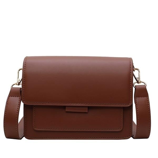 Sac à bandoulière pour femmes avec rabat Forme rectangulaire Large sangle avec mousquetons Bords matelassés Cuir PU et polyester 19,5 x marron