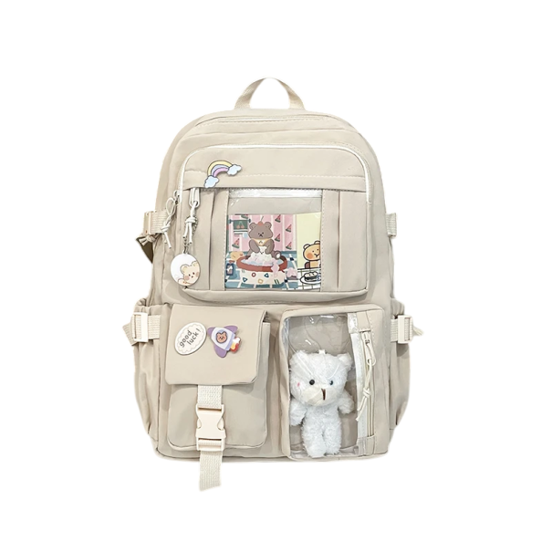 Sac à dos léger et élégant 39 x 30 x 13 cm Sac à dos d’école en nylon avec poche transparente Convient pour l’école Pour les voyages En ville Sac à dos étudiant beige