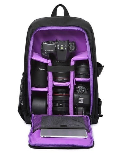Sac à dos pour appareil photo DSLR et objectifs avec compartiment pour ordinateur portable 15,6 pouces Fixation de trépied Résistant violet