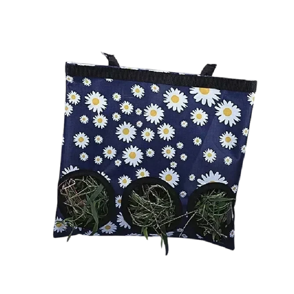 Sac à foin pour rongeurs 27 x 25 cm Bleu foncé avec motif de marguerites Récipient suspendu en textile pour foin 3 ouvertures Pour lapins et cobayes 1