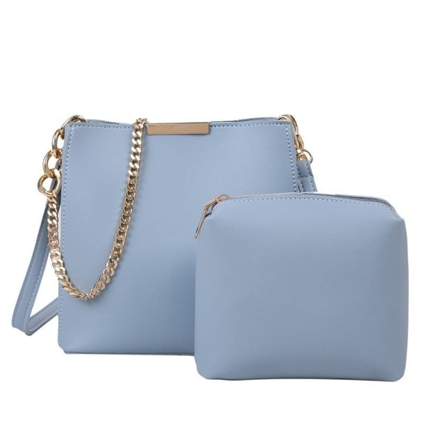 Sac à main crossbody pour femmes avec pochette Ensemble de 2 pièces Chaîne dorée et longue sangle en cuir PU et polyester Sac 19 x 18 x 10 bleu clair