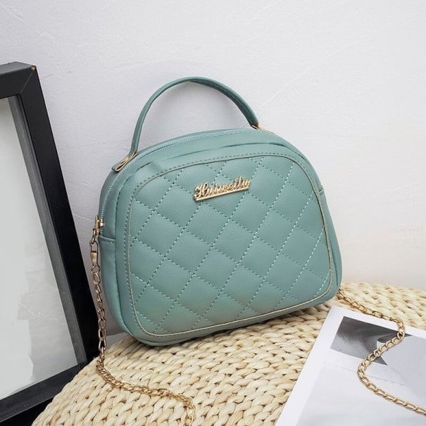 Sac à main en bandoulière pour femmes avec matelassage en losanges Anse courte en haut Chaîne dorée en bandoulière Fermeture éclair Cuir turquoise