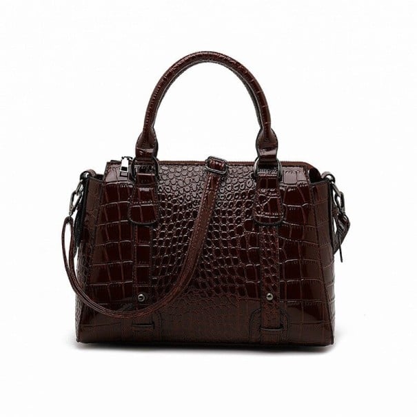 Sac à main en cuir pour femme avec embossage crocodile Surface brillante Deux anses et une longue bandoulière en cuir et polyester 32 x marron foncé