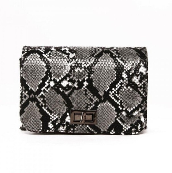 Petit sac à main pour femmes avec motif serpent Sac compact élégant en simili cuir avec rabat et fermeture métallique tournante 18 x 13 x 5 cm gris