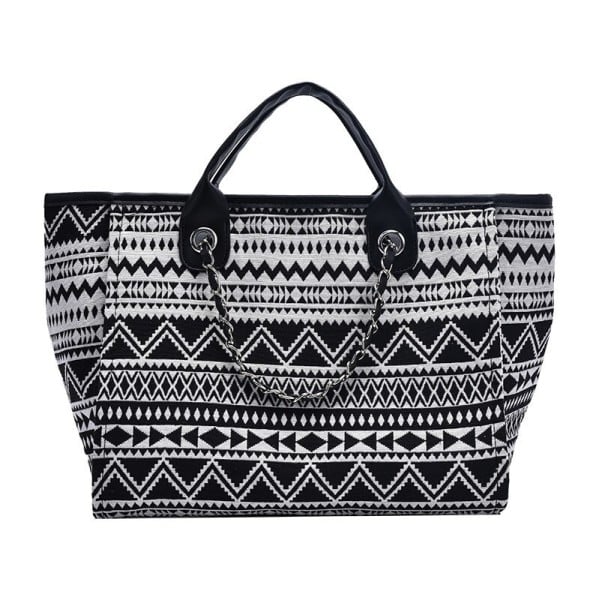 Sac à main en toile pour femmes avec motif géométrique 31 x 24 x 16 cm Poignées courtes à la main Bandoulières en chaîne à l'épaule Toile noir