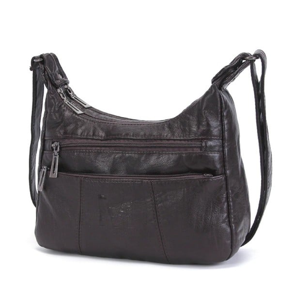 Sac à main femme en bandoulière zippé avec deux poches zippées à l'avant Sangle en PU cuir et polyester Dimensions 27 x 17 cm marron foncé