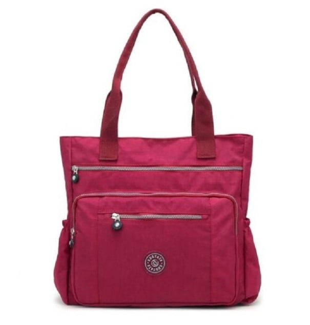 Sac à main pour femme en nylon et polyester 38 x 38 x 12 cm Sac spacieux avec deux poignées Poches avant zippées Poches latérales bordeaux