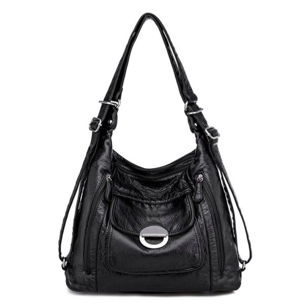 Sac à main pour femme en simili cuir doux Sac avec poche avant et anneau métallique Poches latérales zippées Poignées avec boucles 35 x 25 x 12 noir 1