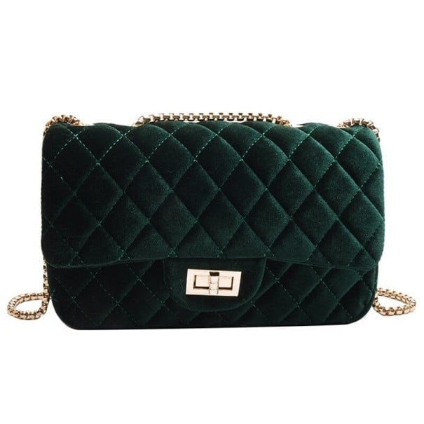 Sac à main pour femme matelassé à porter en bandoulière 24 x 15 x 7 cm Apparence en velours Bandoulière en chaîne dorée Fermeture vert foncé