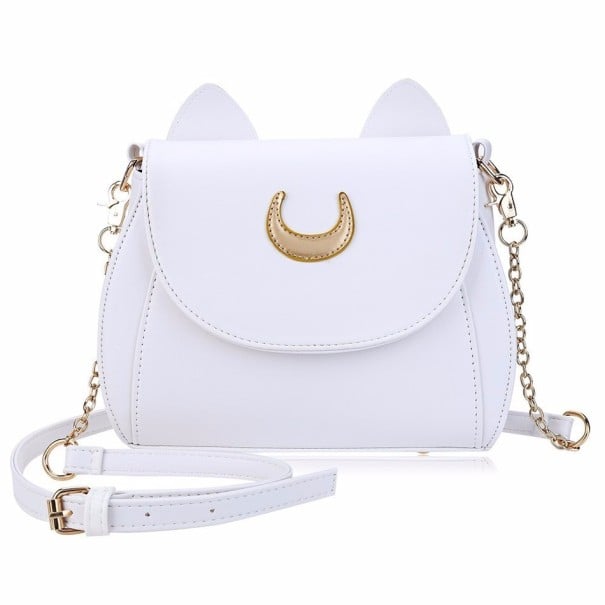 Sac à main pour femmes avec oreilles de chat et demi-lune dorée Chaîne et bandoulière réglable Fermeture magnétique Cuir PU 24,7 x 9 x 19 cm blanc