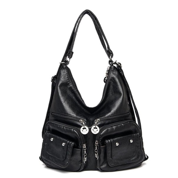 Sac à main pour femmes en simili cuir Deux poches avant avec rabat Poches zippées Breloques métalliques sur les curseurs Dimensions 32 x 33 noir