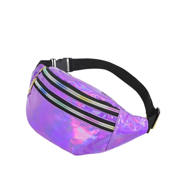 Sac banane holographique coloré en similicuir 24 x 14 x 7 cm, sac à bandoulière arc-en-ciel brillant, sac banane tendance pour les fêtes, les voyages, le quotidien violet