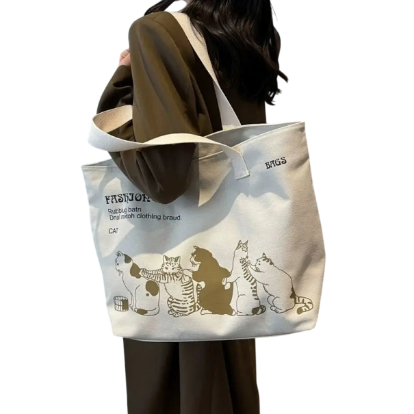 Sac bandoulière en toile 37 x 32 cm Sac beige imprimé chat Fermeture zippée Grand sac shopping Travail École Loisirs crème
