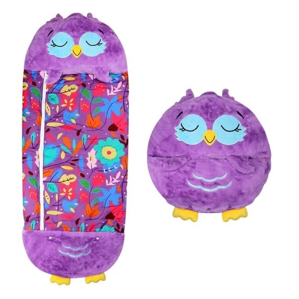 Sac de couchage pour enfants 180 x 70 cm Motif hibou violet Coussin de jeu portable et sac de couchage zippé avec coussin intégré 1