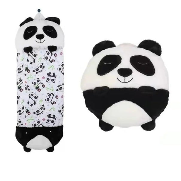 Sac de couchage pour enfants en dessin animé 135 x 50 cm, noir et blanc avec motif de panda, avec fermeture éclair, coussin intégré et poignée 1