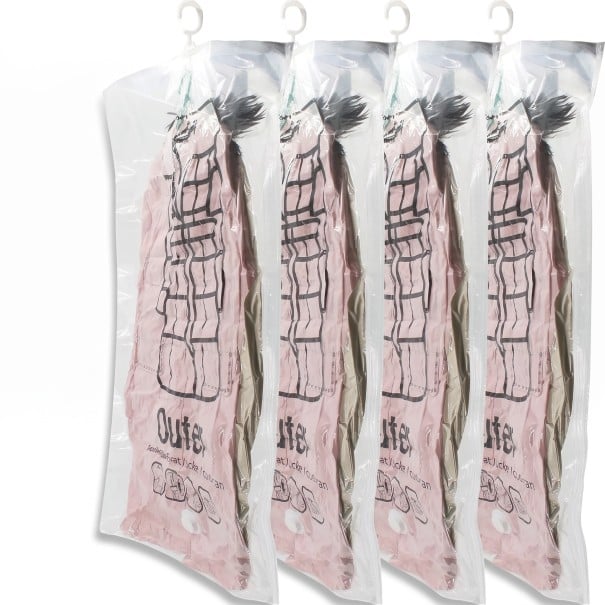 Sac de depozitare vacuumat suspendat pentru îmbrăcăminte cu cârlig pentru 5 umerașe, 110 x 70 cm, PE+PET, transparent, organizator pentru dulap pentru jachete și paltoane 1