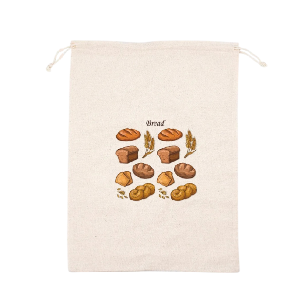 Sac de pâine din in cu șnur de strângere 30x40 cm bej cu motiv de produse de panificație, sac textil pentru depozitarea pâinii și a covrigilor 1