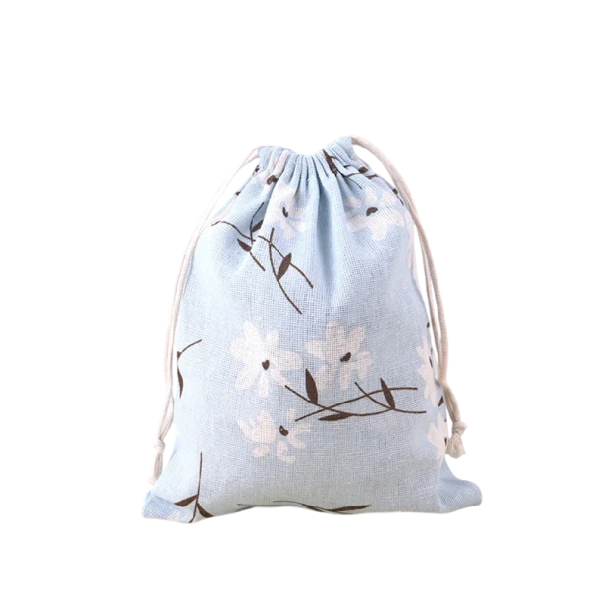 Sac en tissu avec cordon de serrage 19,4x24 cm en lin bleu clair avec imprimé floral pour le rangement de petits objets et l'emballage de cadeaux 1