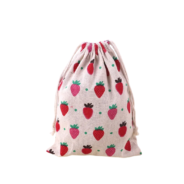 Sac en tissu avec cordon de serrage 19,4x24 cm en lin clair avec impression de fraises pour le rangement de petits objets et l'emballage de cadeaux 1