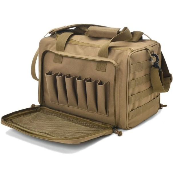 Sac pour armes et outils avec séparateurs amovibles Sangle d'épaule Espace de rangement réglable Couleurs neutres Organisation portable de l'équipement kaki