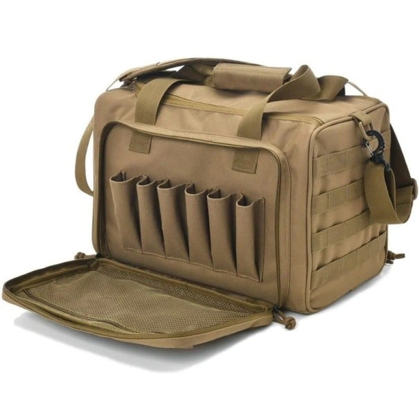 Sac pour armes et outils avec séparateurs amovibles Sangle d'épaule Espace de rangement réglable Couleurs neutres Organisation portable kaki