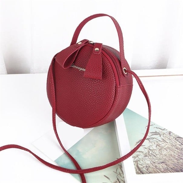 Sac rond pour femme à porter à la main ou en bandoulière Anse supérieure et longue sangle Fermeture éclair Cuir PU grainé 17 x 7 x 17 cm bordeaux