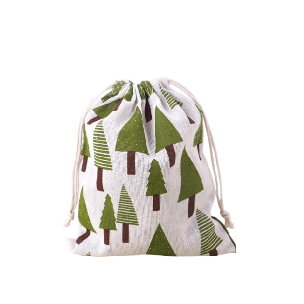 Sacchetto di stoffa con cordoncino 14x16 cm in lino chiaro con stampa verde di alberi per riporre piccoli oggetti e confezionare regali 1