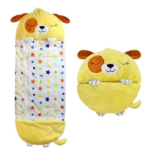 Sacco a pelo per bambini 160x60 cm, giallo con motivo di cane, con zip, cuscino integrato, maniglia pratica, portatile e divertente 1