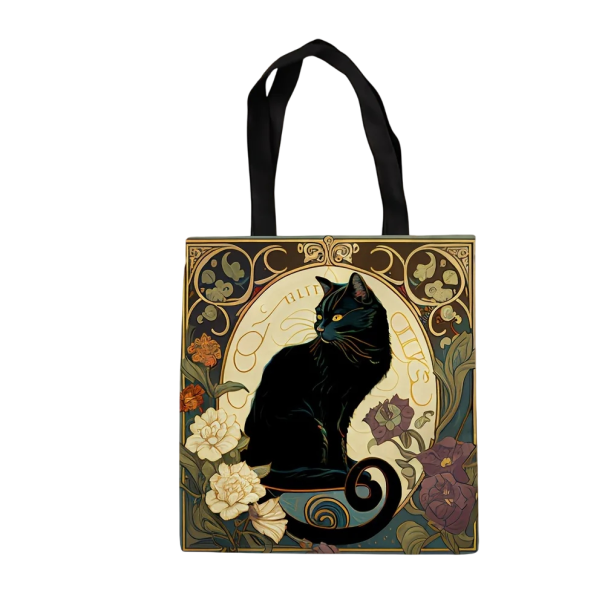 Saco de compras de tela 40 x 40 cm com motivo de gato preto Impressão artística em estilo art nouveau Saco reutilizável de ombro castanho