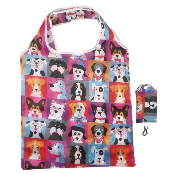 Saco de compras dobrável 38 x 40 cm Saco colorido com estampado de cães Saco de bolso 7,5 x 12,5 cm Saco de nylon com mosquetão para pendurar 1