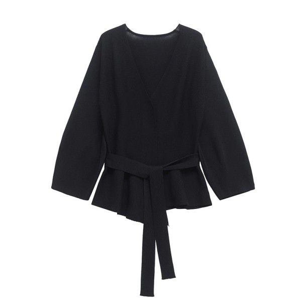 Saco de damă elegant cu curea de legat Saco simplu cu decolteu în V din poliester Sacou stilat în diverse culori pentru orice ocazie negru L