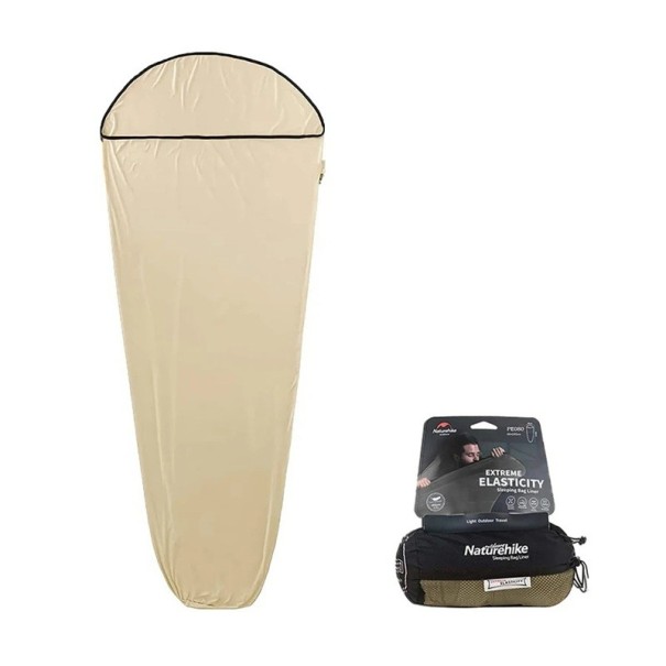 Saco de dormir 200 x 80 cm, embalagem 9 x 1,9 cm, 80% poliéster, 20% elastano, adequado para temperaturas >15°C bege