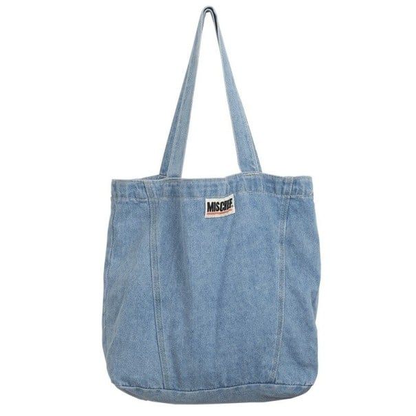 Saco de ganga feminino Saco de tecido espaçoso em ganga azul claro Duas alças longas Costuras acolchoadas Dimensões 37 x 39 cm 1