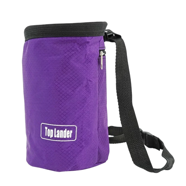 Saco de magnésio 20 x 15 cm com cordão de aperto, alça ajustável de 58–105 cm e bolso lateral para acessórios roxo