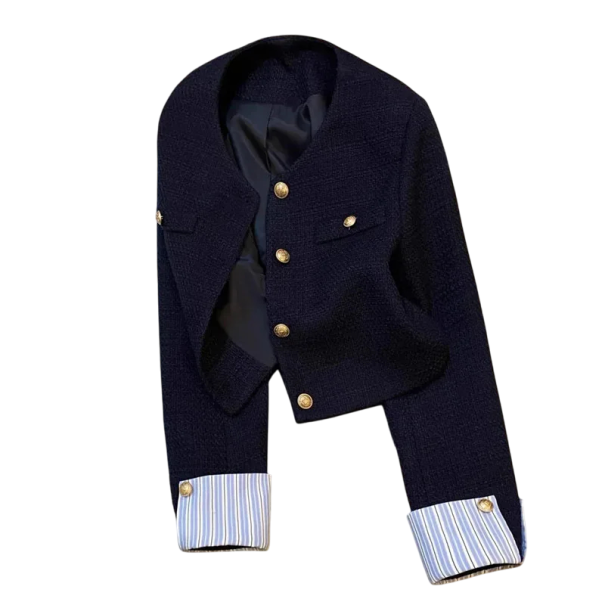 Saco de mujer azul marino con bolsillos y detalle decorativo en las mangas Saco elegante de un solo color con botones Algodón Poliéster Spandex Acrílico S