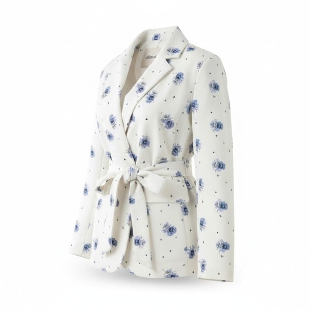 Saco de mujer con cinturón de lazo Patrón floral Solapas y bolsillos con solapa Poliéster Blanco con flores azules Para el trabajo y la primavera L