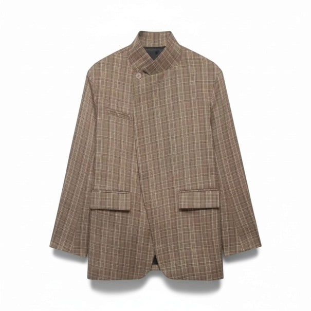 Saco de mujer con cuello alto Cierre asimétrico Corte más suelto y largo Bolsillos con solapa Poliéster Beige con patrón de cuadros Para el trabajo XS