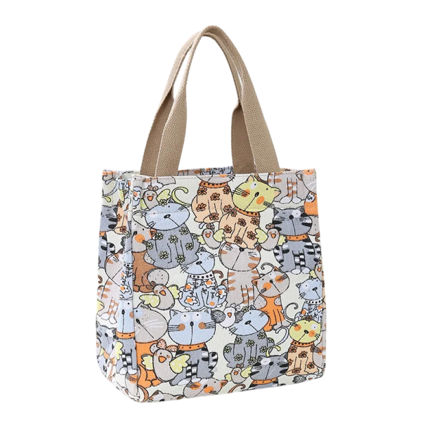 Saco de pano com estampado de gatos 24 x 26 x 14 cm Saco de compras com fecho Saco térmico para o almoço Bolsa prática com motivos desenhados Saco ecológico reutilizável branco