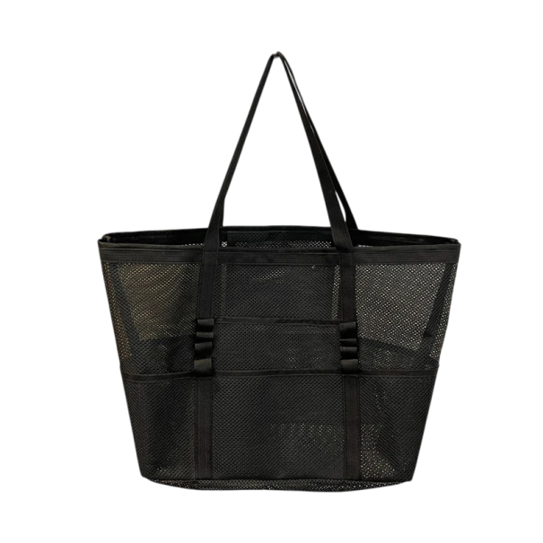 Saco de rede de ombro 55 x 35 x 19 cm Grande saco com bolsos para a praia, compras e natação Saco de verão portátil com alças preto