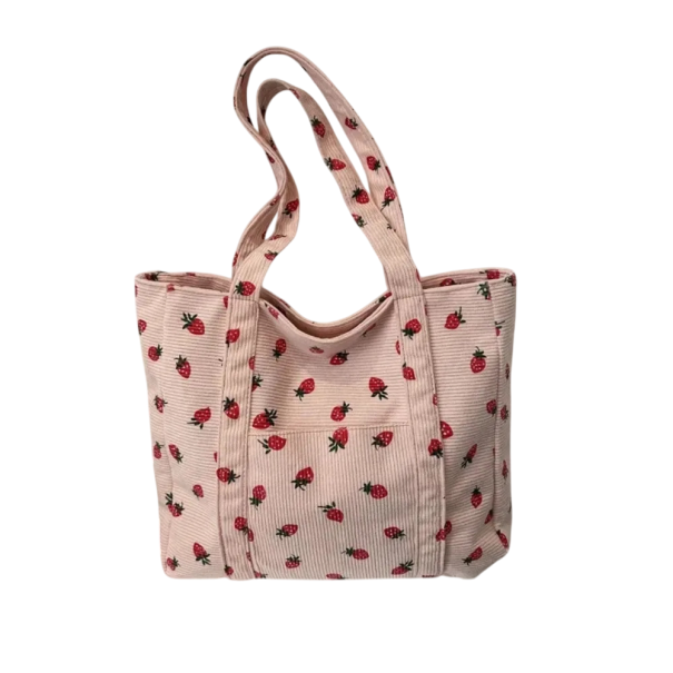 Saco de senhora em tecido com padrão de morangos Saco de moda espaçoso em veludo cotelê Bolsa elegante para compras e para a praia rosa