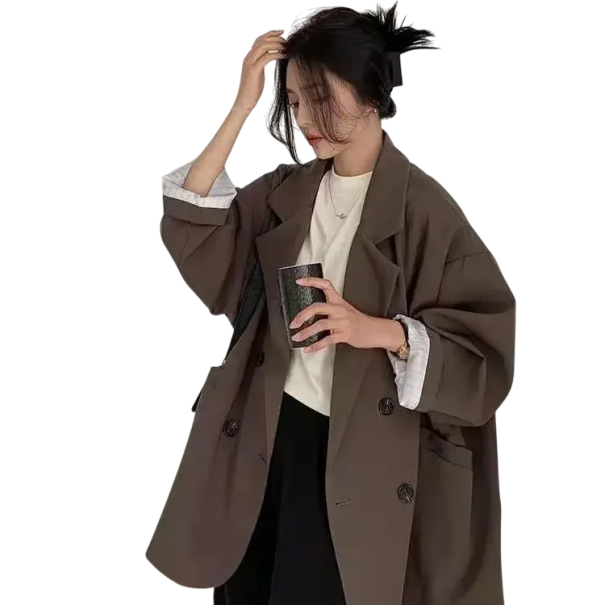 Saco elegante feminino com colarinho e bolsos Saco de botão em poliéster Saco estiloso em várias cores para trabalho e lazer castanho L