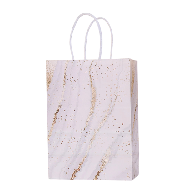 Sacolas de presente 5 pcs 21 x 15 x 8 cm Design mármore Bege com padrão dourado Papel kraft com pega para aniversários e casamentos 1