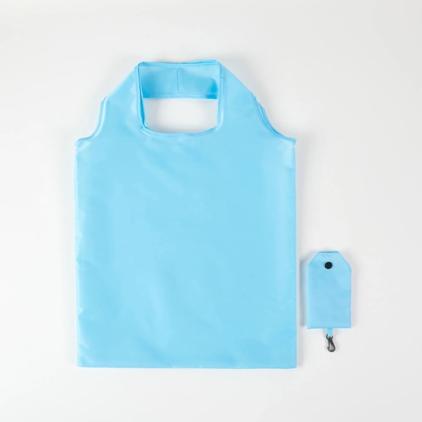 Sacolinha de compras dobrável 38 x 58 cm Sacola colorida de poliéster Sacola reutilizável com mosquetão Sacola compacta para o bolso azul claro