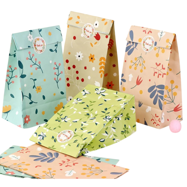 Sacos de papel para presente 24 pcs 12 x 8 x 22 cm com padrão vegetal Sacos Kraft para bolachas e doces com autocolantes de 3,5 cm 1