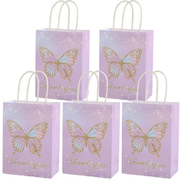 Sacos de presente de papel com borboleta Thank you conjunto 5 un sacos de papel roxos com motivo dourado de borboleta com alças para pequenos presentes para festas 1