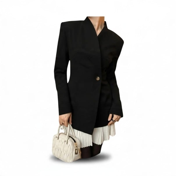 Sacou damă prelungit cu tiv plisat Închidere asimetrică cu nasture auriu Fără rever Poliester Negru Pentru birou și seară L