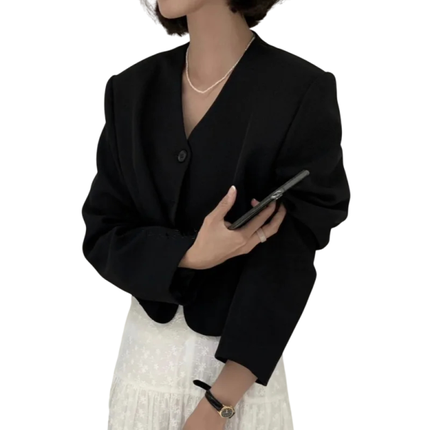 Sacou damă uni cu buzunare și decolteu în V Elegant sacou universal cu nasturi din poliester microfibră și acetat în diverse culori negru Sacou damă uni cu buzunare și decolteu în V Elegant sacou universal cu nasturi din poliester microfibră și acetat în diverse culori negru