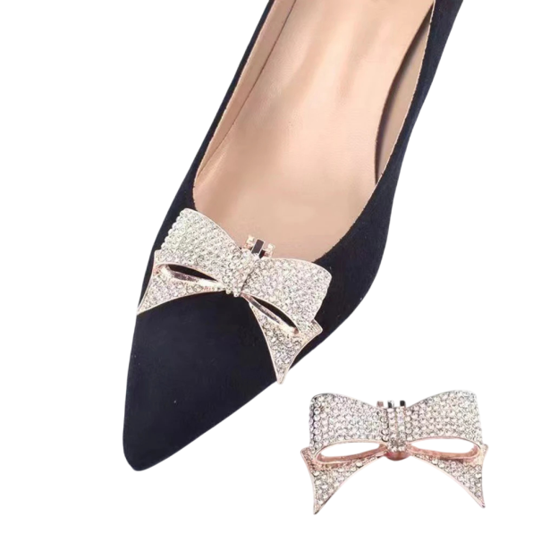 Săculeț decorativ pentru pantofi cu fundă și pietricele, cca 6 cm, metal, clips de prindere, accesoriu elegant pentru încălțăminte aur