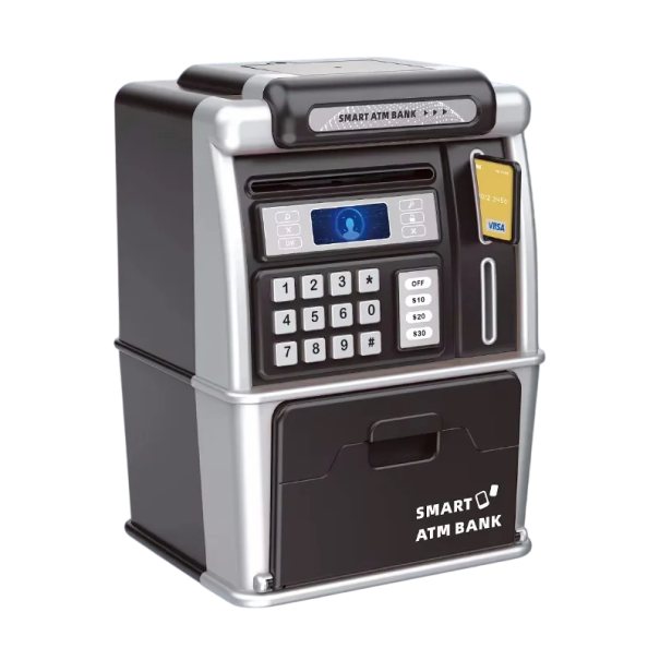 Săculeț electronic pentru copii în formă de bancomat cu inserție de bancnote, monede, card de plată și parolă ajustabilă pentru copii negru