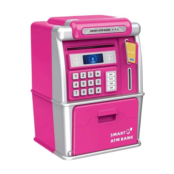 Săculeț electronic pentru copii în formă de bancomat cu inserție de bancnote, monede, card de plată și parolă ajustabilă pentru copii roz